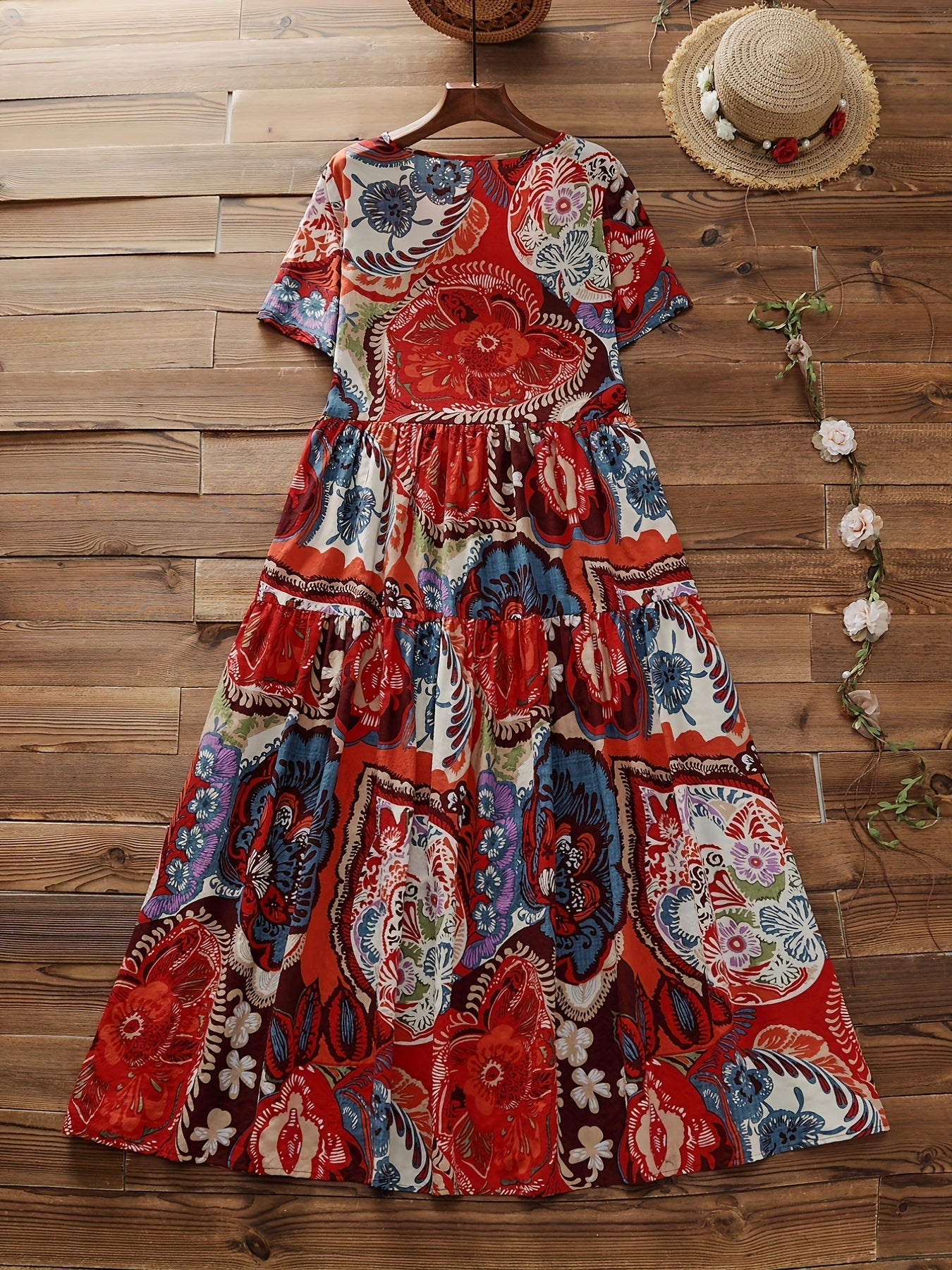 Random Print Short Sleeve Smock Dress