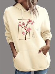 Cherry Tree Print Kangaroo Pocket Hoodie Women's Sweatshirt
