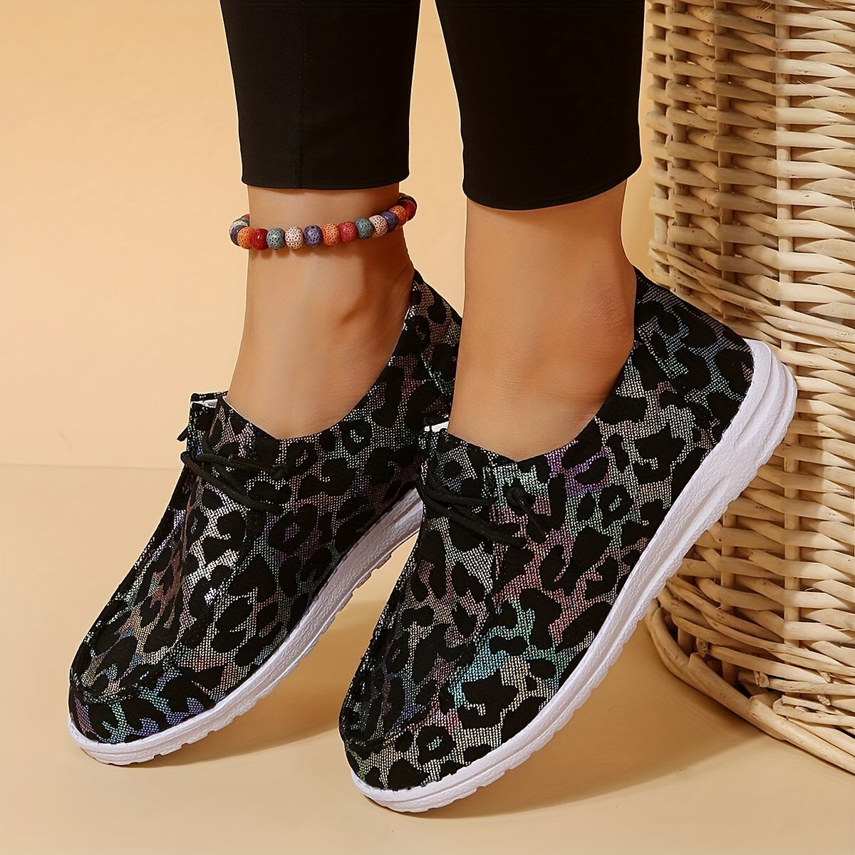 Leopard Print Boat Shoes Lace Up Lightweight Walking Shoes