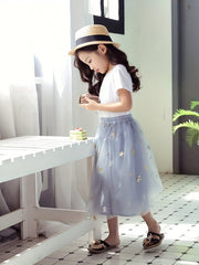 Girls Star Decor Tulle Skirt High Waist Mesh Layered Maxi Skirt