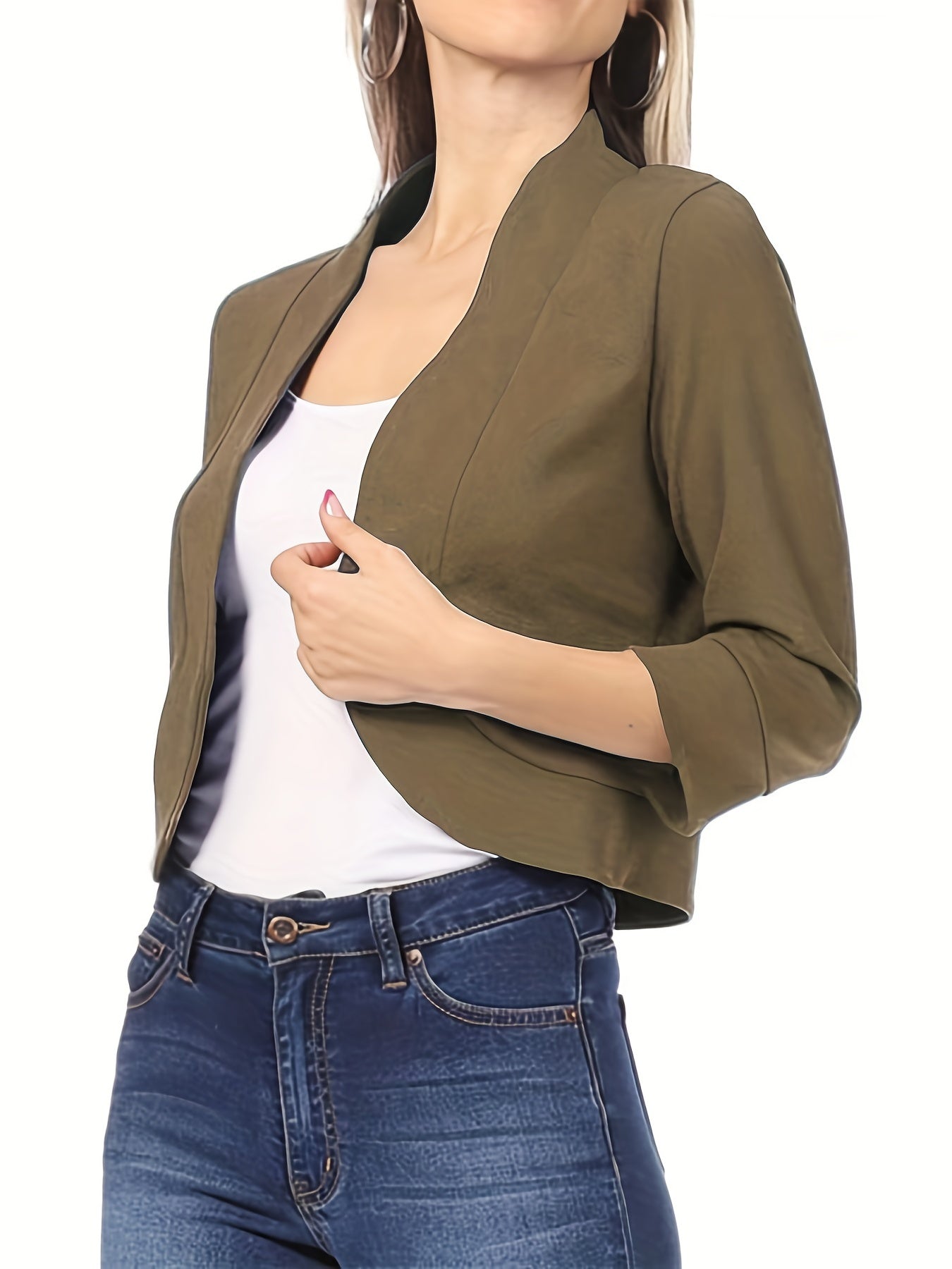 Solid Cropped Blazer Open Front 3/4 Sleeve Work Office Outerwear