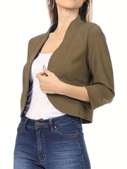 Solid Cropped Blazer Open Front 3/4 Sleeve Work Office Outerwear