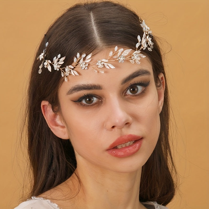 Bridal Crystal Faux Pearl Headband Tiara Golden Leaf Rhinestone Hairband