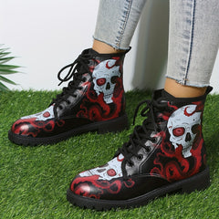 Women's Skull Print Combat Boots Lace Up Chunky Heel Boots