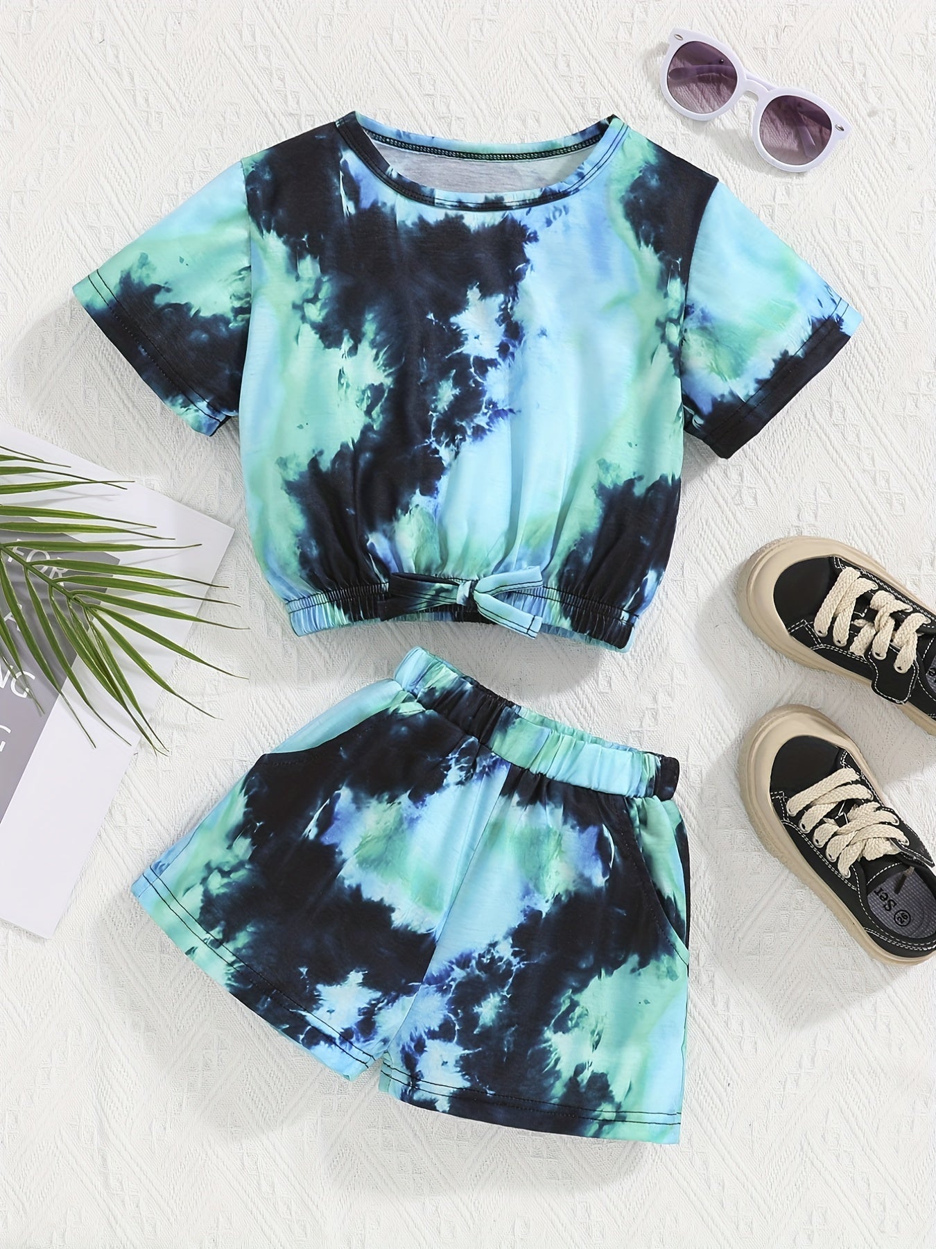 2pcs Girls Tie Dye T Shirt Crop Tee Top & Shorts Set Kids Clothes
