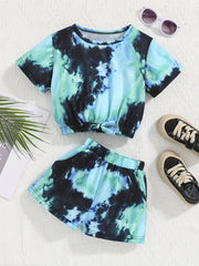 2pcs Girls Tie Dye T Shirt Crop Tee Top & Shorts Set Kids Clothes