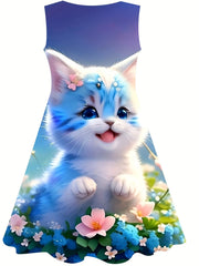 Flower Kitty Dress Girls Sleeveless Summer Party Gift