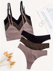 3 Sets Seamless Bra & Panties Solid Stretch Bralette & Thong Panties Set
