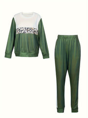 Women's Plus Leopard Print Long Sleeve Top & Pants Set