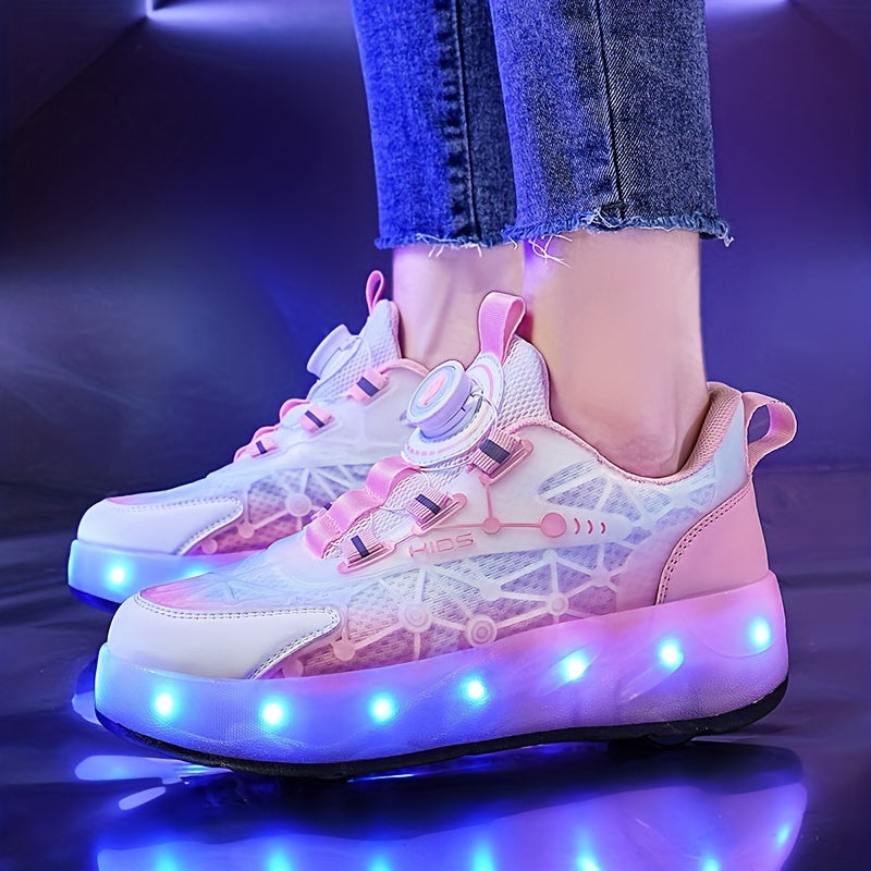 Girl's LED Roller Shoes with Rotating Buckle - Detachable Wheel Skate Sneakers