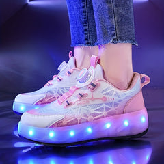 Girl's LED Roller Shoes with Rotating Buckle - Detachable Wheel Skate Sneakers
