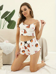 Funny Food Print Pajama Set Sleeveless Cami Top & Bow Shorts