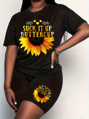 Women's Plus Sunflower & Slogan Print Top & Shorts Set