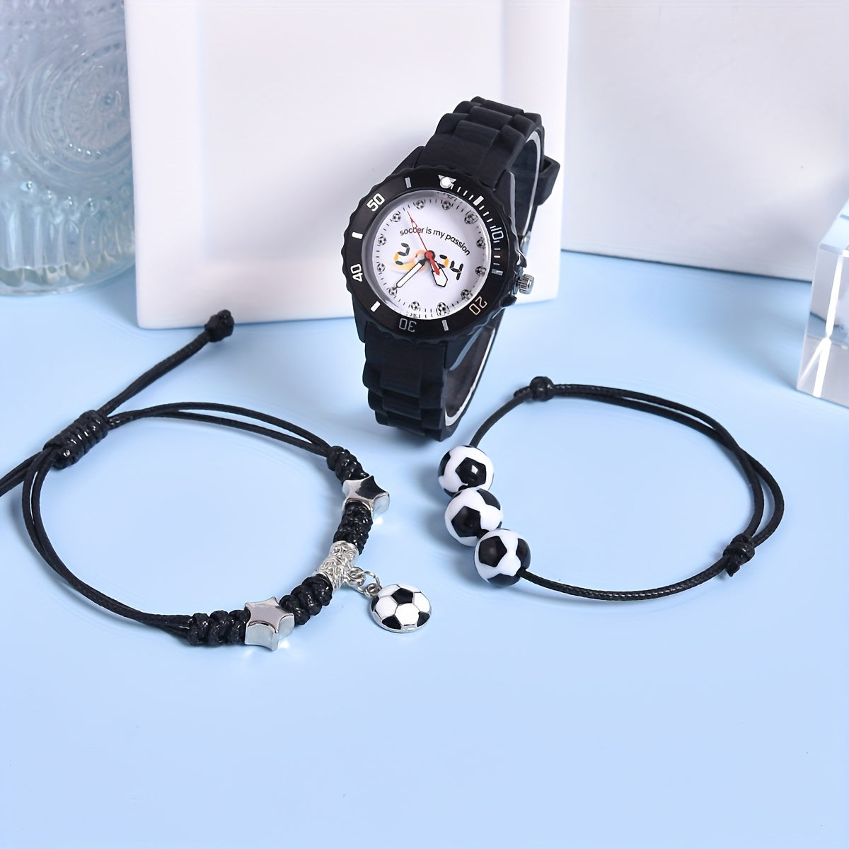 Boys' Soccer Watch Set 3pcs Silicone Strap Quartz Sports Football Motifs