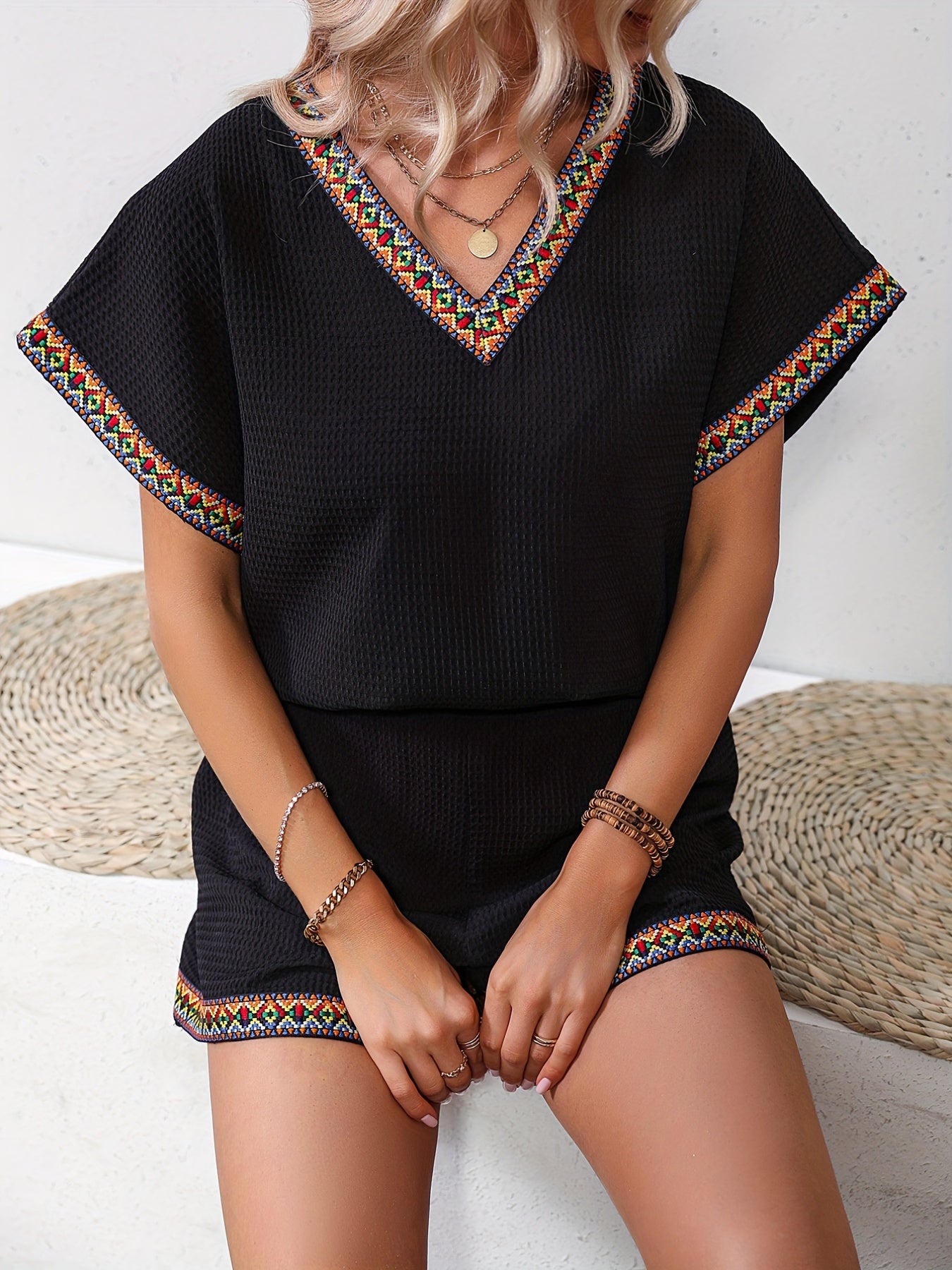Ethnic Casual Two piece Set V Neck Short Sleeve Tee & Wide Leg Shorts