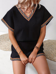 Ethnic Casual Two piece Set V Neck Short Sleeve Tee & Wide Leg Shorts
