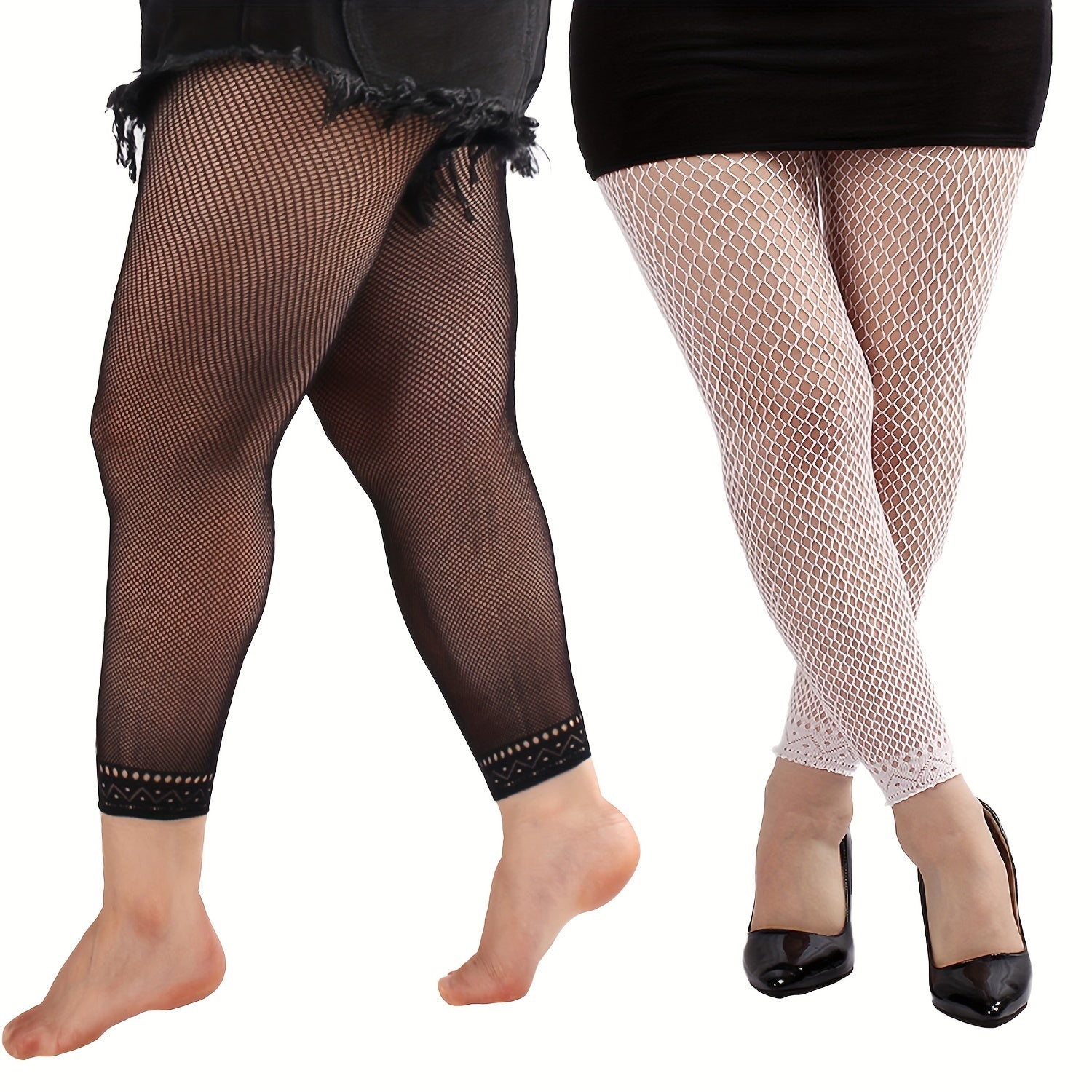 2 Pairs Casual Pantyhose Set Women's Plus Solid Footless Fishnet Stockings