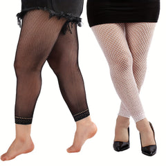 2 Pairs Casual Pantyhose Set Women's Plus Solid Footless Fishnet Stockings