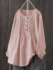 Casual Blouse Women's Solid Half Button Plicated Long Sleeve Top