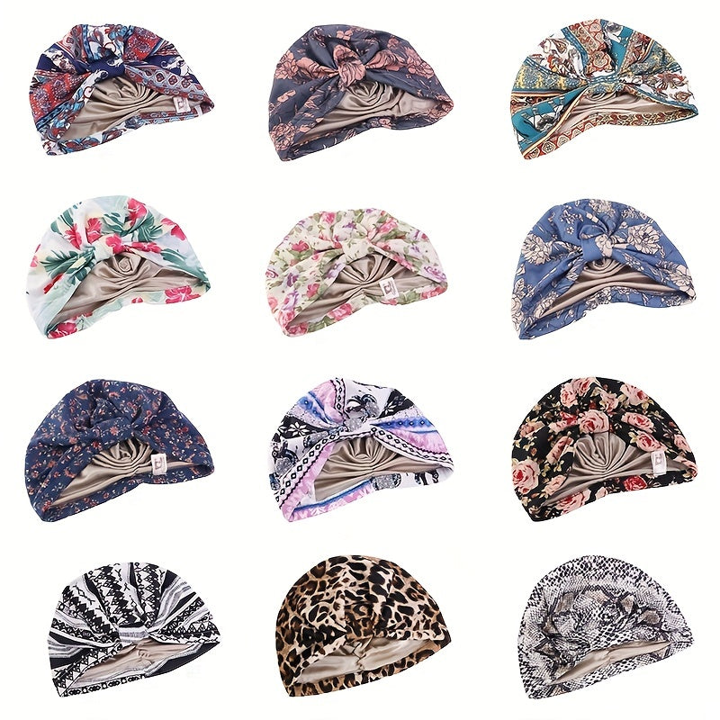 Pleated Boho Turban Cap Leopard Print Beanie Flower Elastic Skull