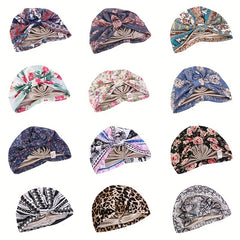 Pleated Boho Turban Cap Leopard Print Beanie Flower Elastic Skull