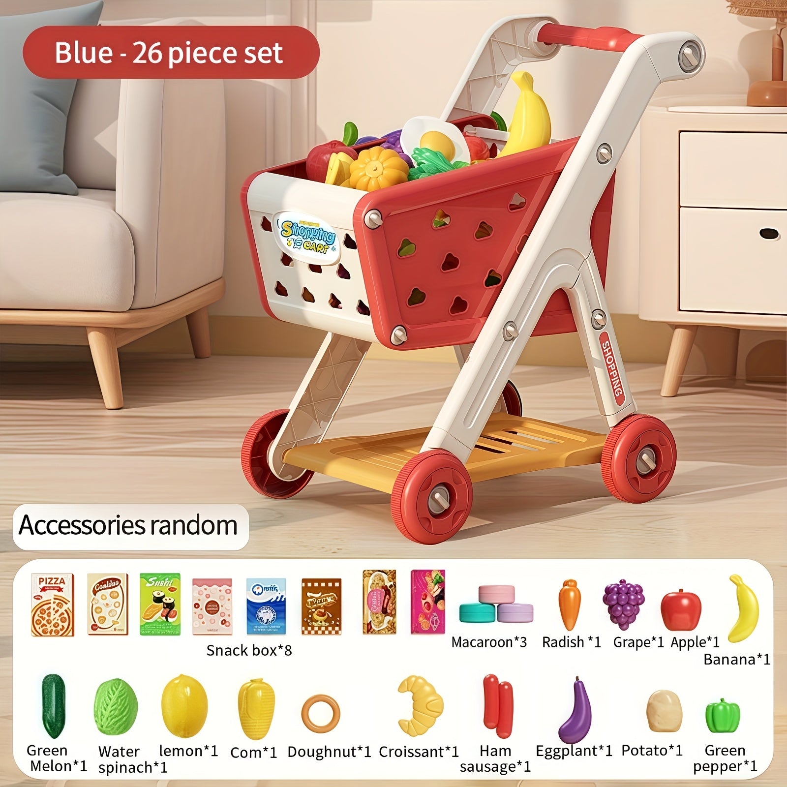 Ephemeral 26pcs Pretend Play Shopping Cart Kitchen Supermarket Cooking Toys