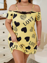 Plus Satin Heart & Letter Print Cold Shoulder Cami Sleep Dress
