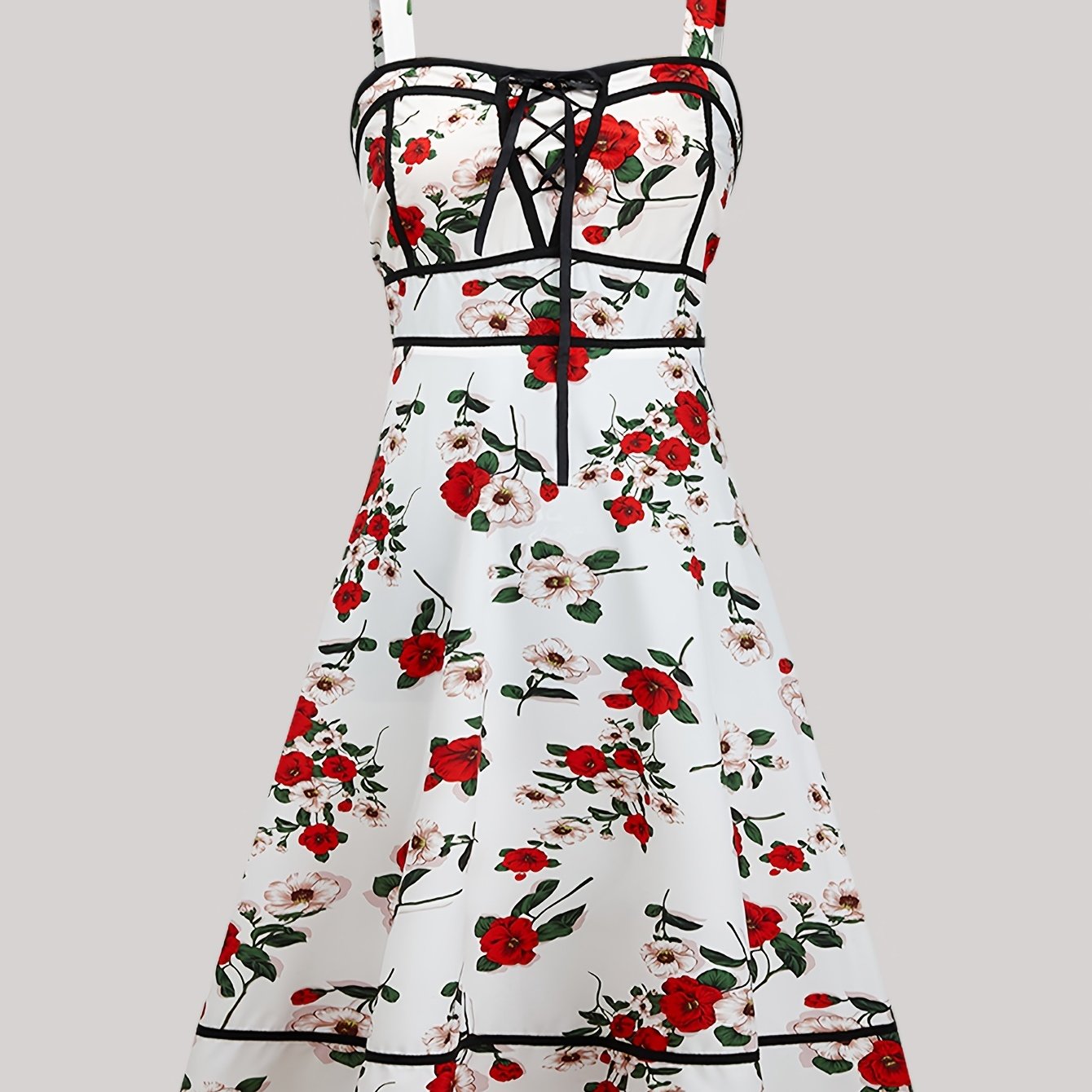 Rose Print Lace Up Square Neck Tank Dress