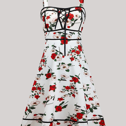 Rose Print Lace Up Square Neck Tank Dress