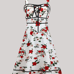 Rose Print Lace Up Square Neck Tank Dress