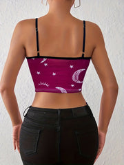 Graphic Print Spaghetti Strap Top Backless Crop Cami
