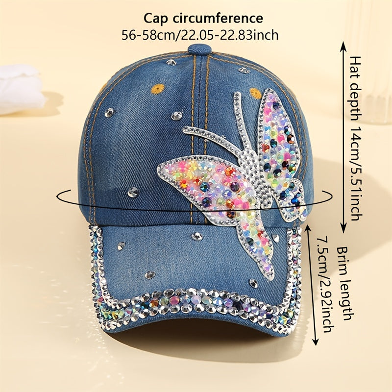 Rhinestone Butterfly Patch Baseball Cap Denim Distressed Dad Hat