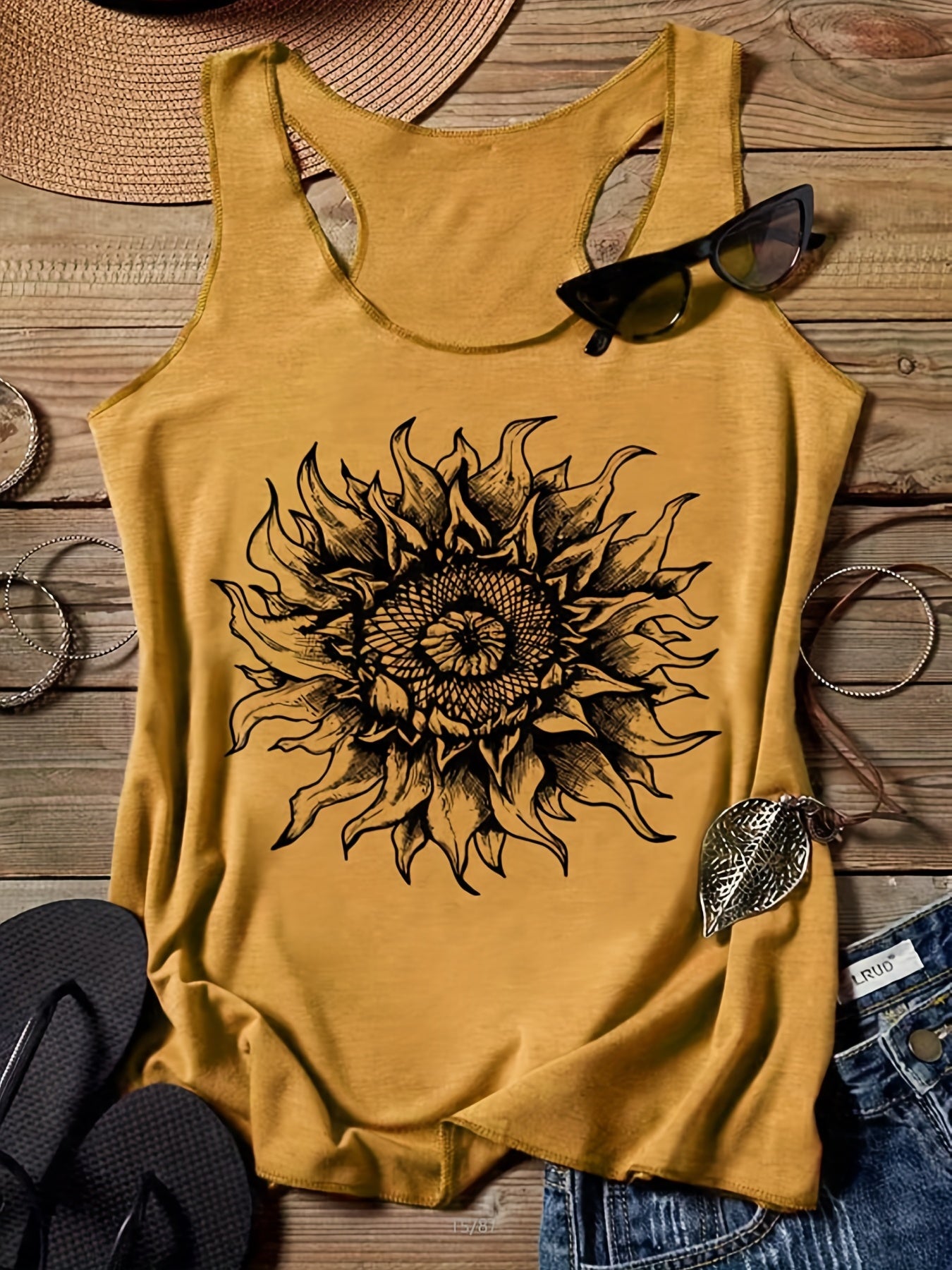 Sunflower Print Crew Neck Tank Top Sleeveless Summer Casual Women's Top