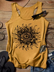 Sunflower Print Crew Neck Tank Top Sleeveless Summer Casual Women's Top