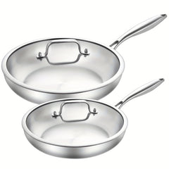 3 Layer Stainless Steel Frying Pan with Lid - Induction Gas Stove Steaks