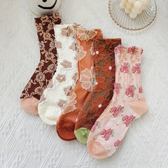 5 Pairs 3D Floral Textured Socks Retro Style Mid Tube Socks