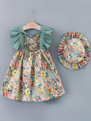 Floral Print Dress & Hat Set for Baby Girls 2pcs