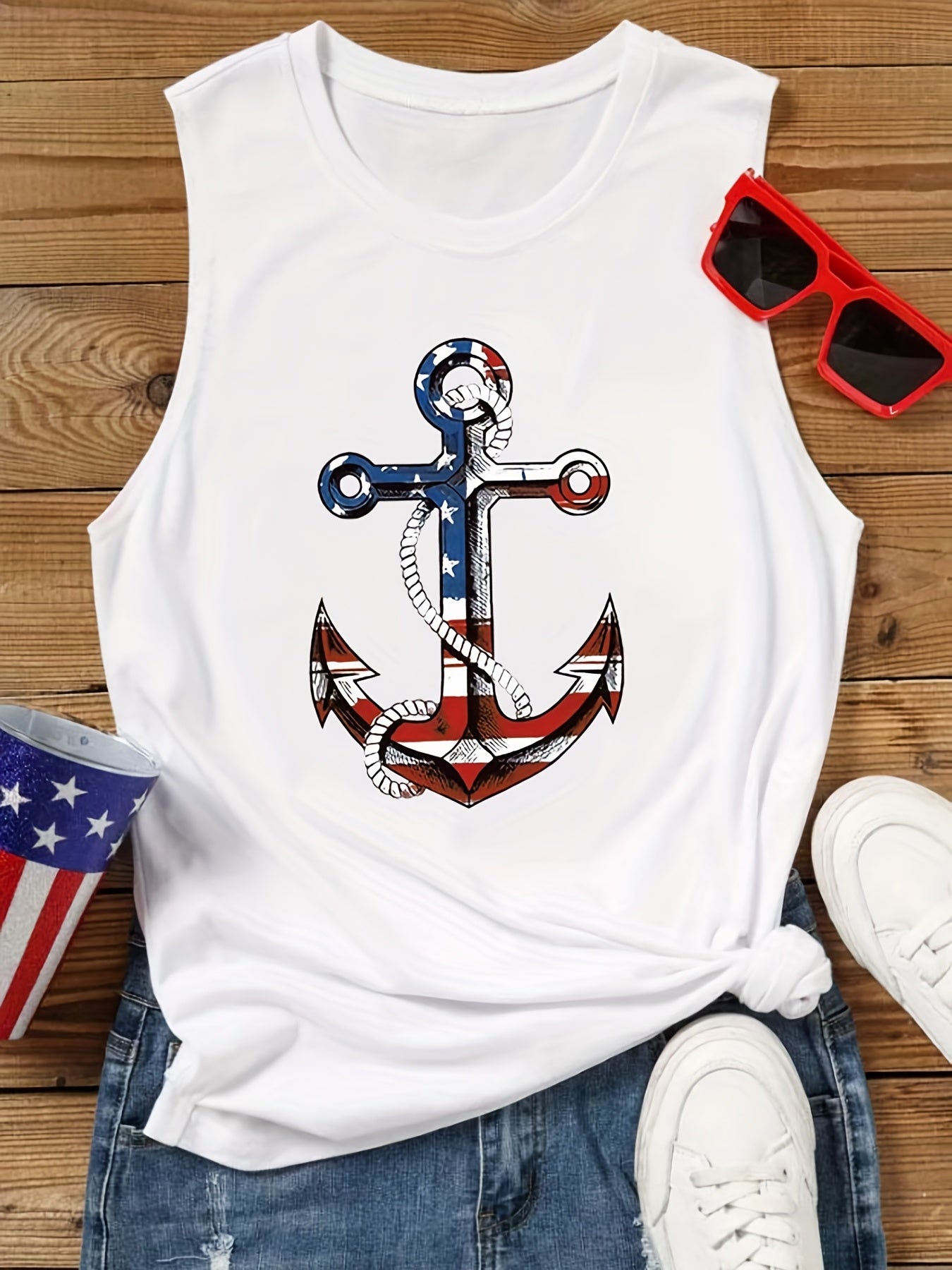 American Flag Anchor Print Tank Top for Women