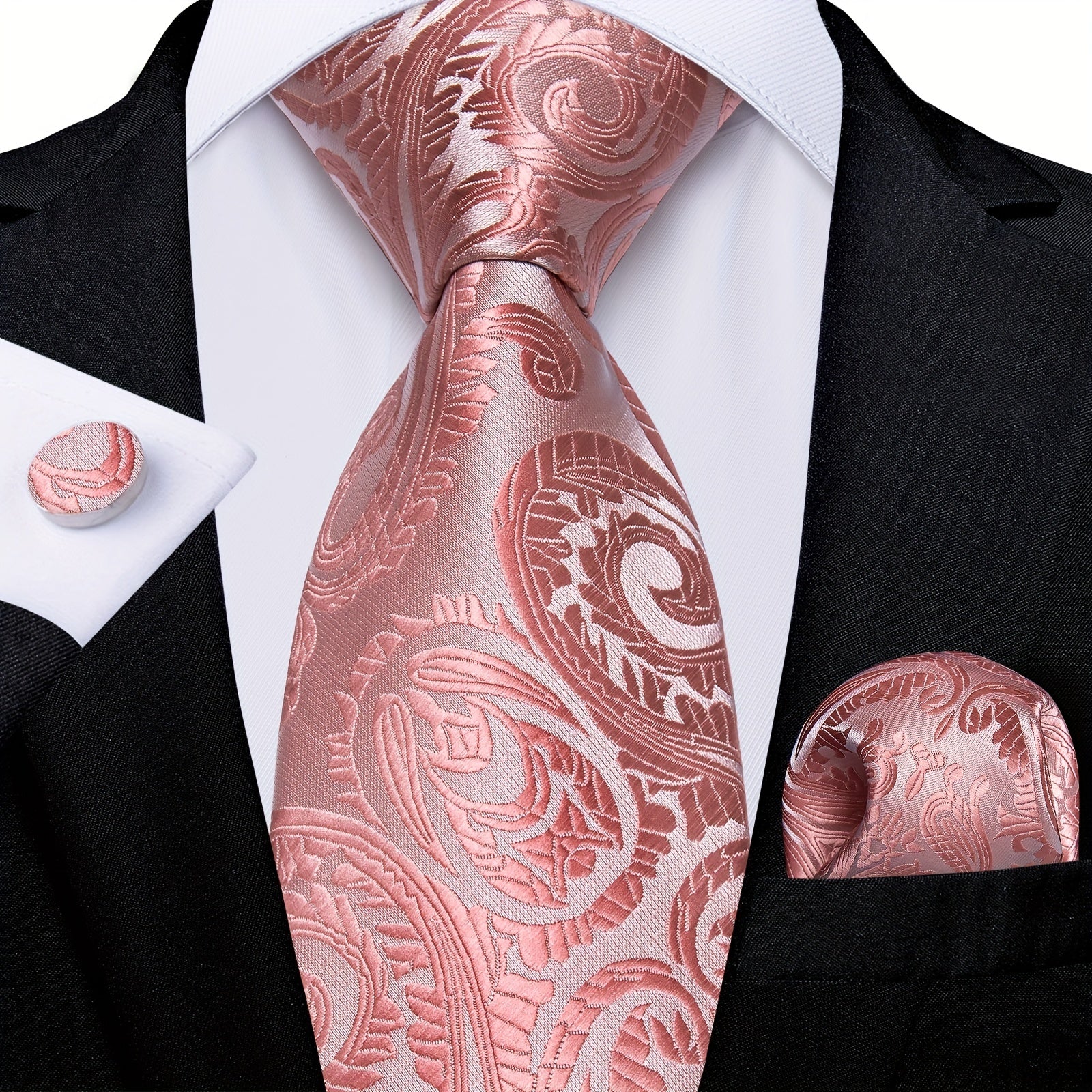 Dibangu Men's Pink Paisley Striped Silk Woven Necktie Set