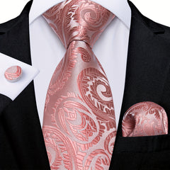 Dibangu Men's Pink Paisley Striped Silk Woven Necktie Set