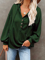 Solid Half Button Hoodie Long Sleeve Drawstring Hoodies