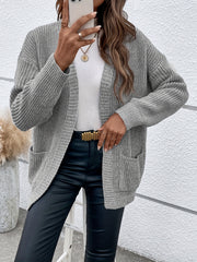 Solid Long Sleeve Open Front Cardigan With Pockets