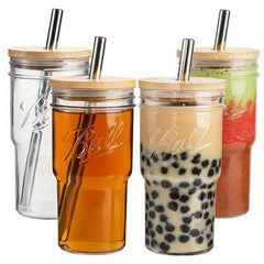 650ml Glass Tumbler w/ Bamboo Lid & Straw for Home Car Outdoor Parties