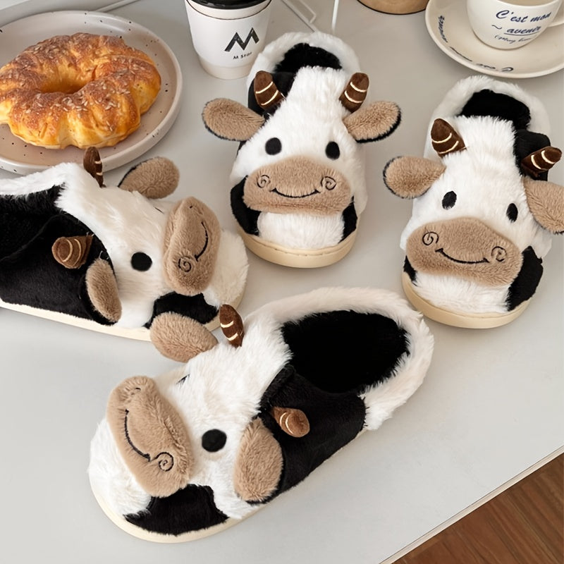 Women's Cartoon Cow Slippers Plush Fuzzy Indoor Slides