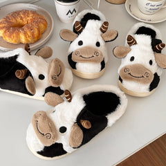 Women's Cartoon Cow Slippers Plush Fuzzy Indoor Slides
