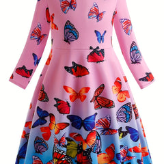 Girls Butterfly Graphic Long Sleeve Dress Spring Fall Party