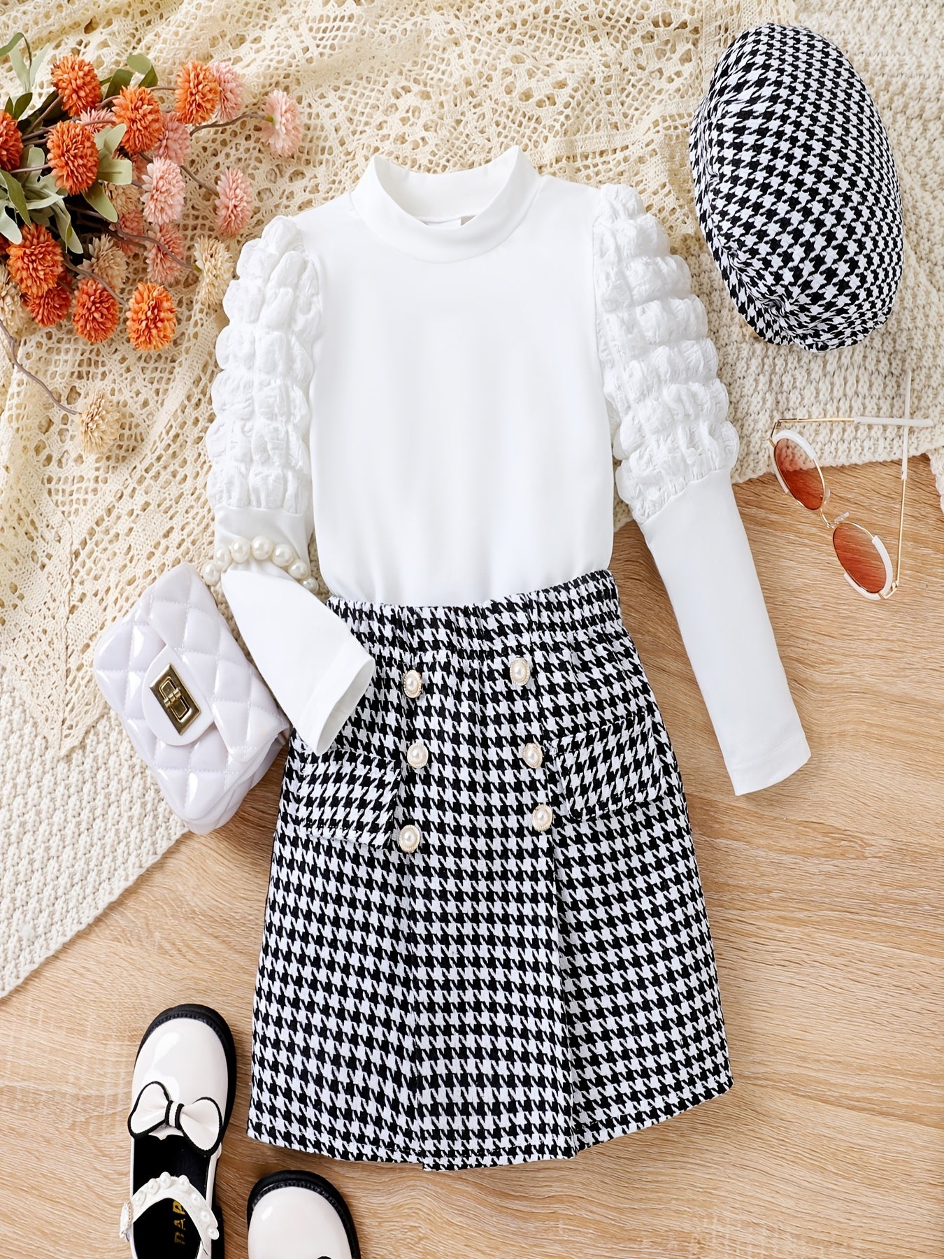 Houndstooth Pattern Girl's 3pcs Leg of mutton Sleeve Top & Skirt Set