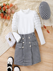 Houndstooth Pattern Girl's 3pcs Leg of mutton Sleeve Top & Skirt Set