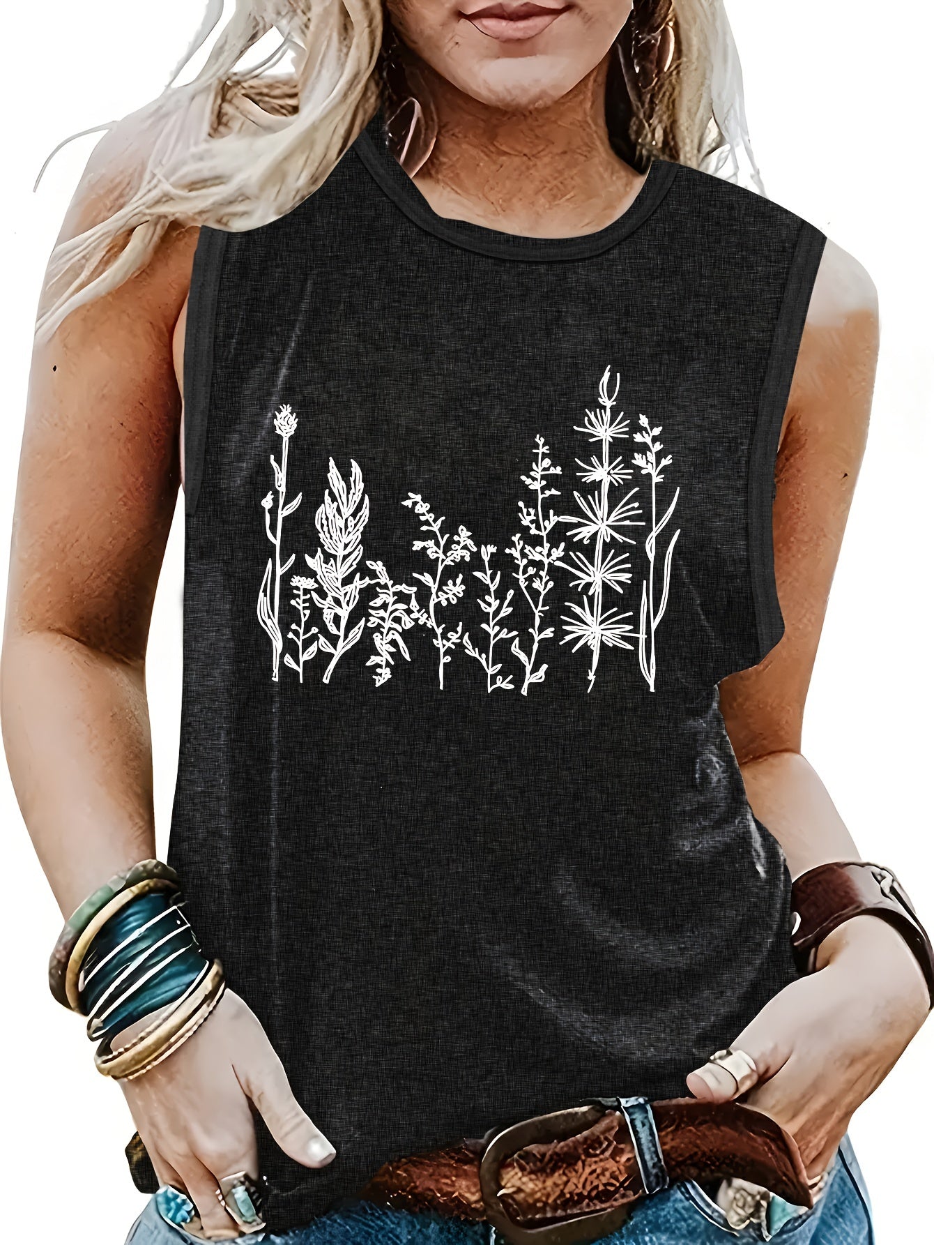Plant Print Crew Neck Tank Top Summer Sleeveless Casual