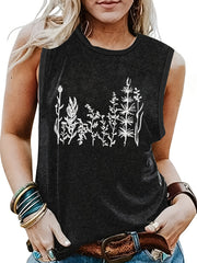 Plant Print Crew Neck Tank Top Summer Sleeveless Casual